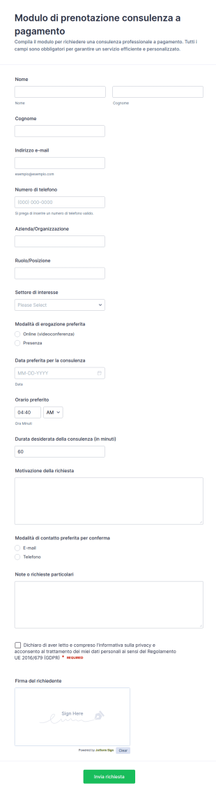 Richiesta Di Consulenza A Pagamento Prenotazione