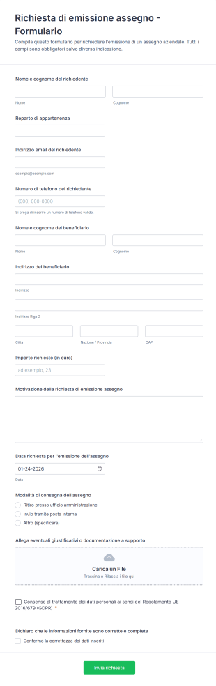 Richiesta Di Emissione Assegno Formulario Form Template