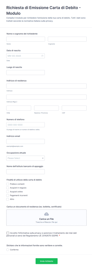Richiesta Di Emissione Carta Di Debito Modulo