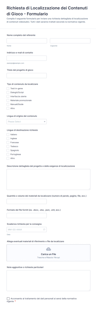 Richiesta Di Localizzazione Dei Contenuti Di Gioco Formulario