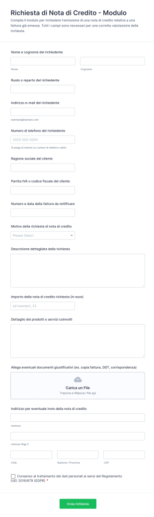 Richiesta Di Nota Di Credito Modulo