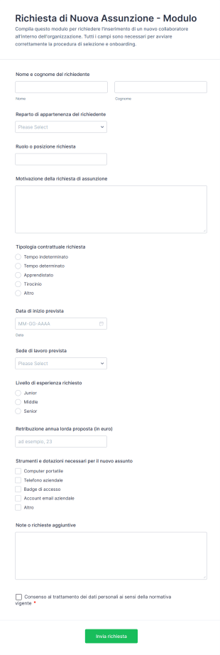 Richiesta Di Nuova Assunzione Modulo