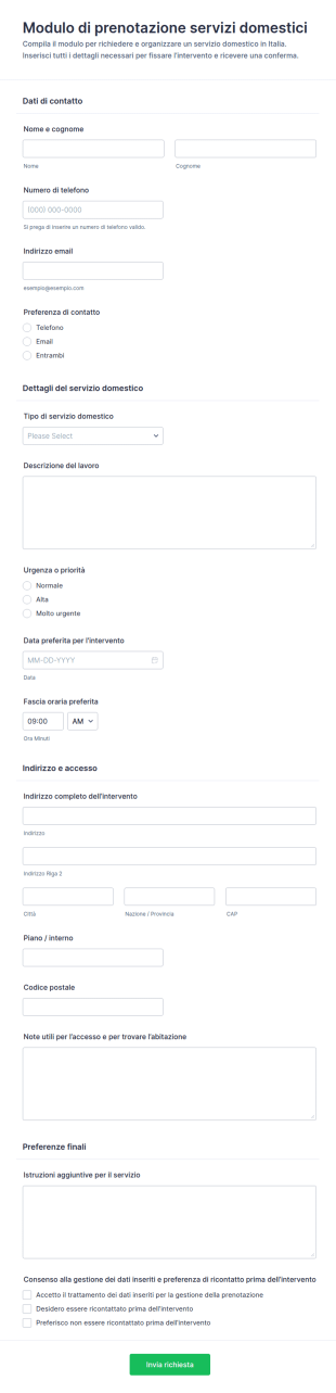 Richiesta Di Prenotazione Servizio A Domicilio Form