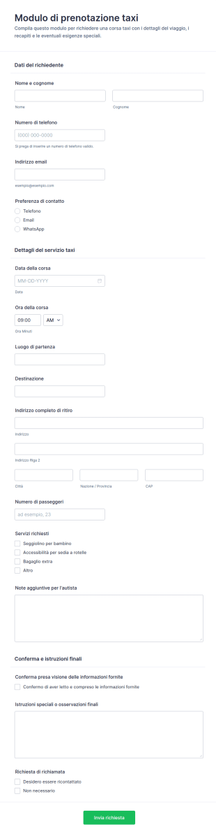 Richiesta Di Prenotazione Taxi