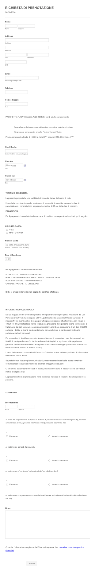 Richiesta DI Prenotazione Form Template