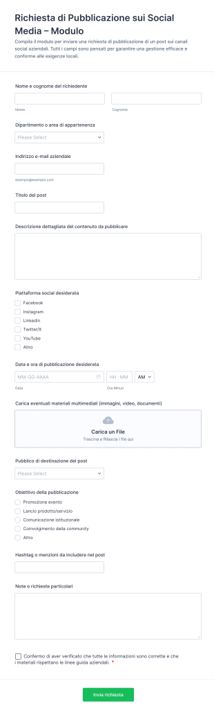 Richiesta Di Pubblicazione Sui Social Media – Modulo