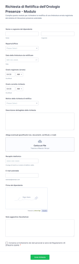 Richiesta Di Rettifica Dell'Orologio Presenze Modulo
