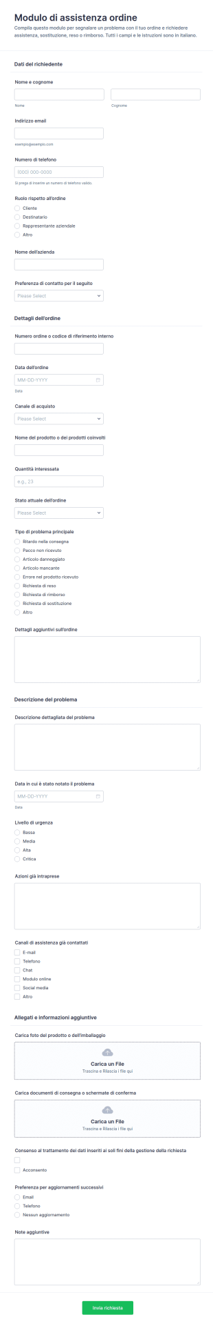 Richiesta Di Supporto Per Ordini