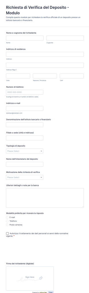Richiesta Di Verifica Del Deposito Modulo