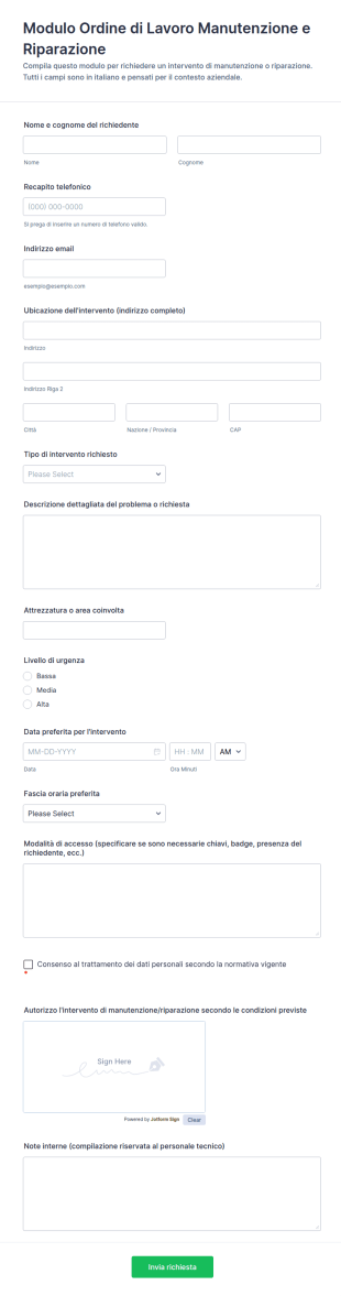 Richiesta Lavoro Di Riparazione E Manutenzione