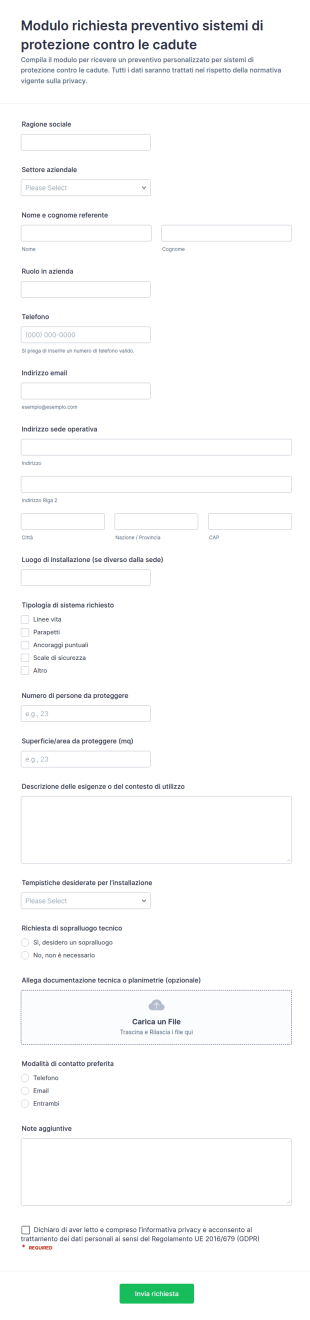 Richiesta Preventivo Per Protezione Anticaduta