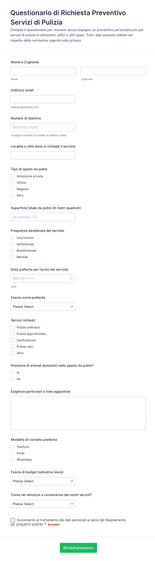 Richiesta Preventivo Servizio Di Pulizia