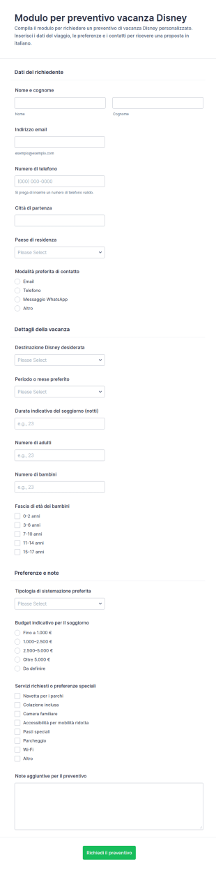 Richiesta Preventivo Vacanza Disney Form