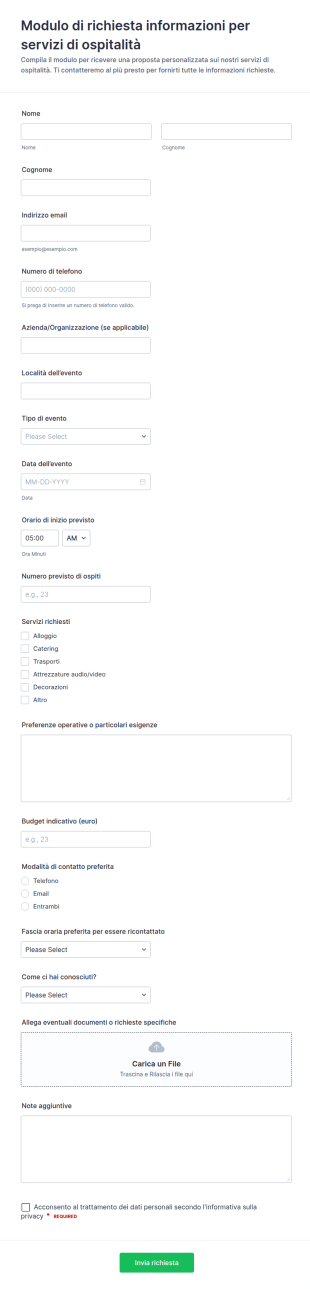 Richiesta Servizi Di Ospitalità