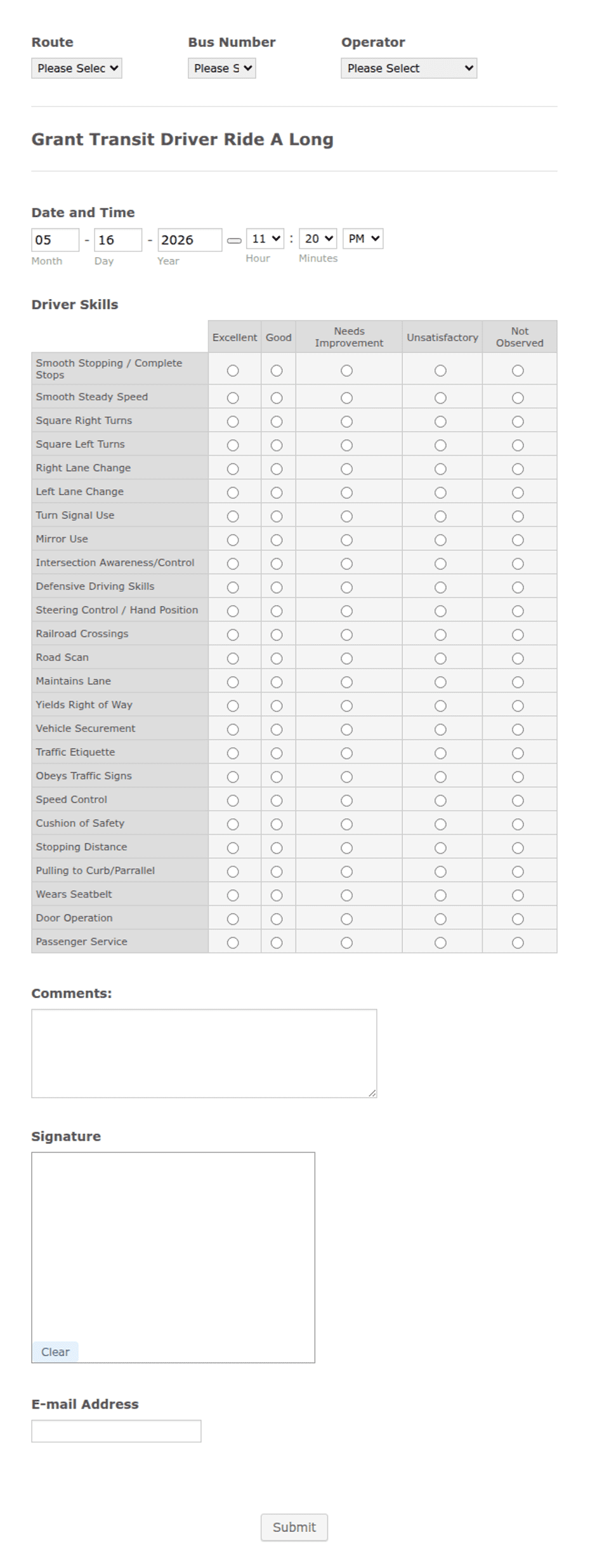 Bus Driver Evaluation Form Template | Jotform