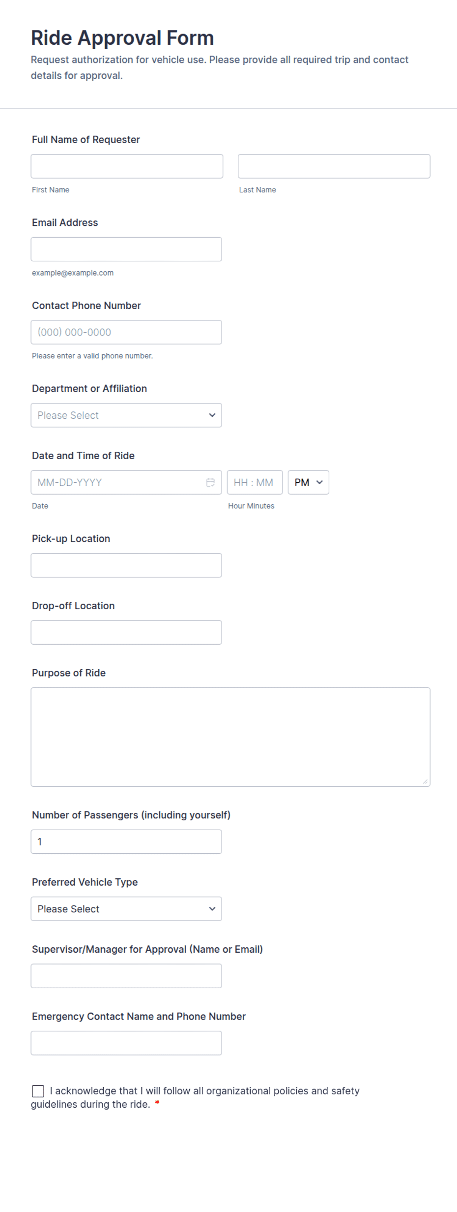 Ride Approval Form Template | Jotform