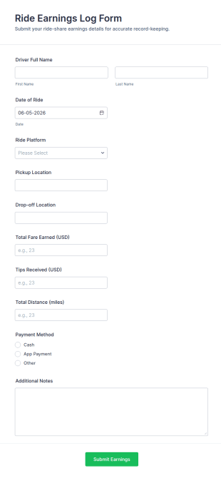 Ride Earnings Log Form Template