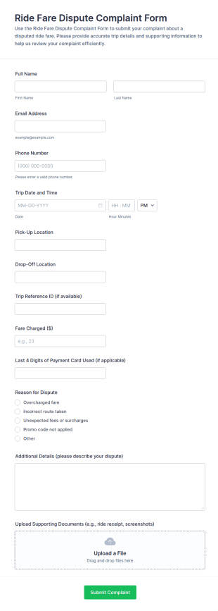 Ride Fare Dispute Complaint Form Template
