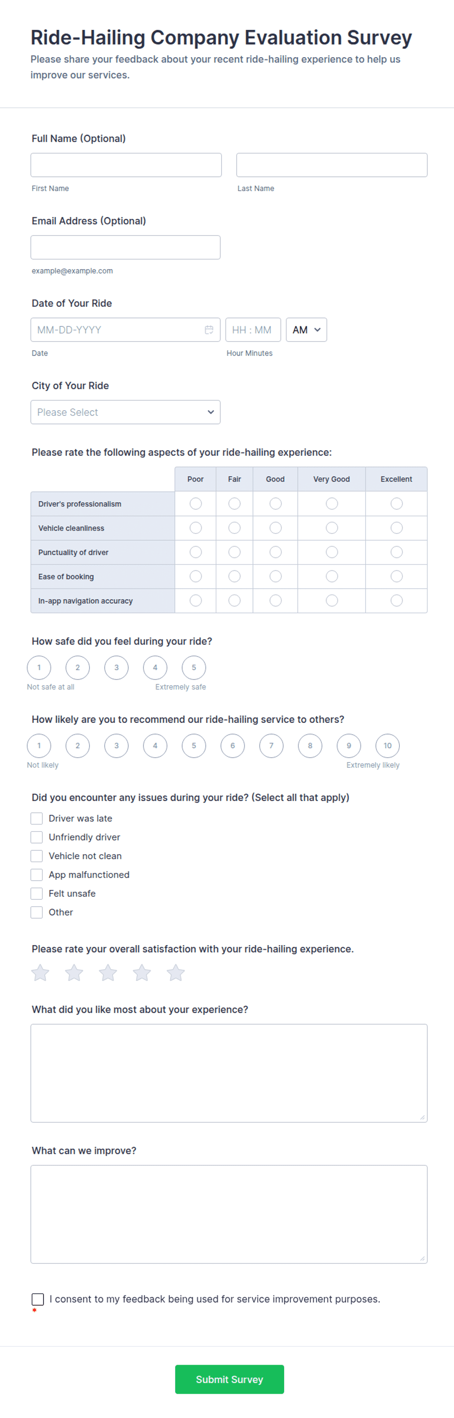 Ride-Hailing Company Evaluation Survey Form Template | Jotform