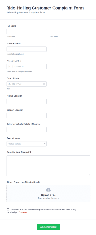 Ride Hailing Customer Complaint Form Template