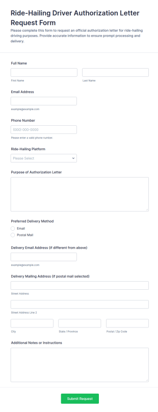 Ride Hailing Driver Authorization Letter Request Form Template