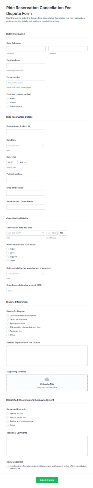 Ride Reservation Cancellation Fee Dispute Form Template
