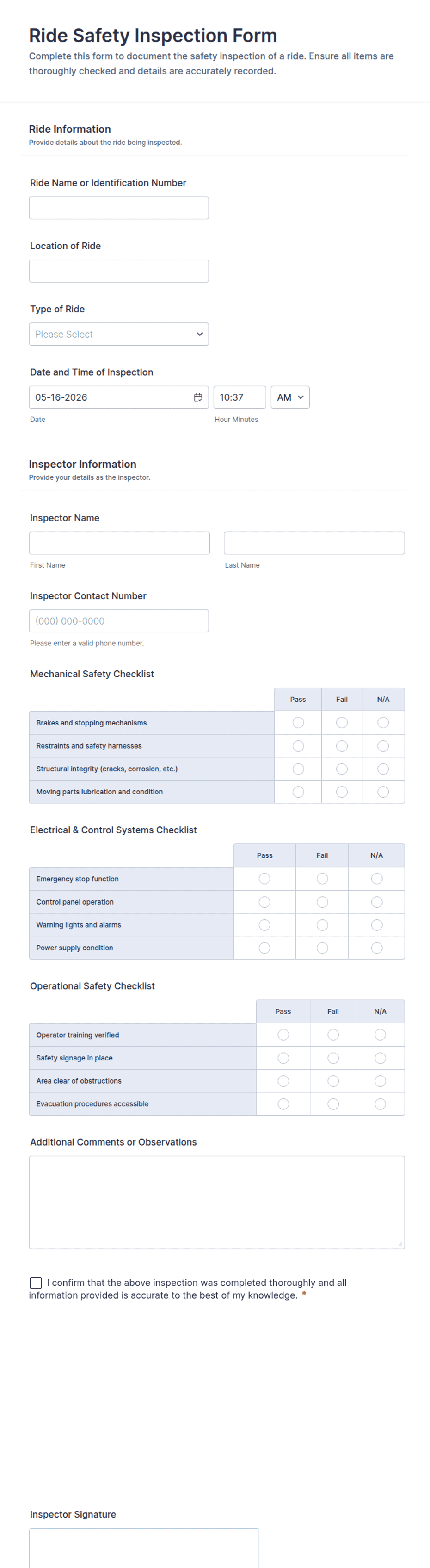 Ride Safety Inspection Form Template | Jotform
