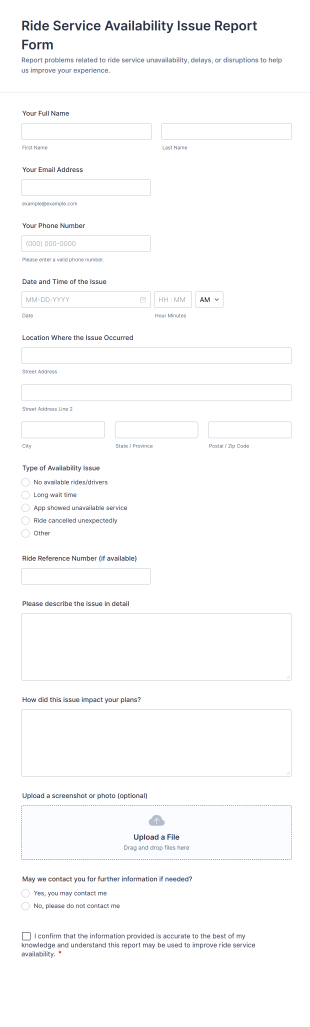 Ride Service Availability Issue Report Form Template