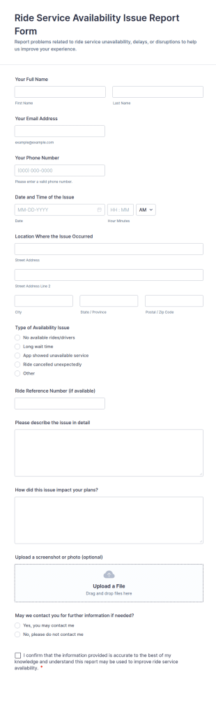 Ride Service Availability Issue Report Form Template