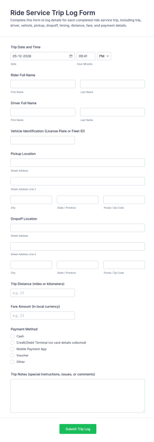 Ride Service Trip Log Form Template
