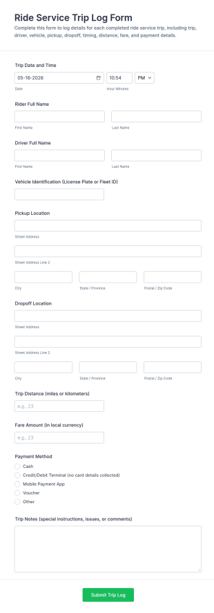 Ride Service Trip Log Form Template