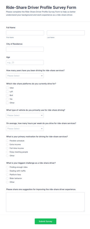 Ride Share Driver Profile Survey Form Template