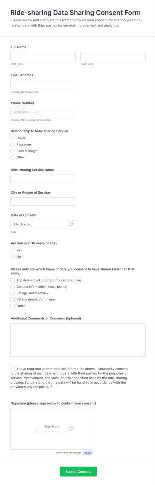 Ride Sharing Data Sharing Consent Form Template