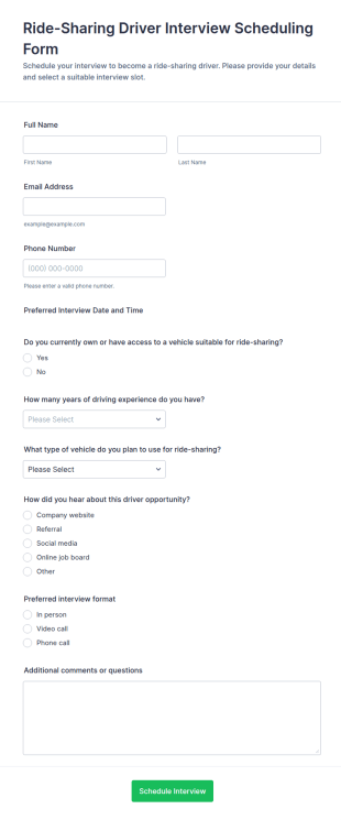 Ride Sharing Driver Interview Scheduling Form Template