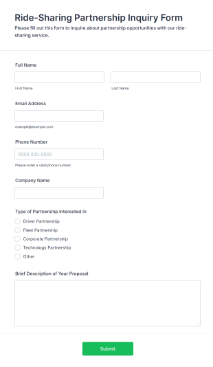Ride Sharing Partnership Inquiry Form Form Template