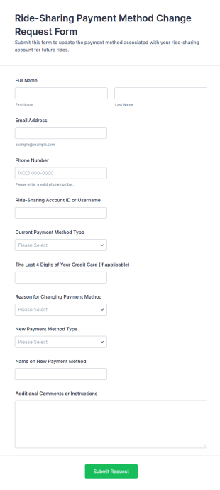 Ride Sharing Payment Method Change Request Form Template