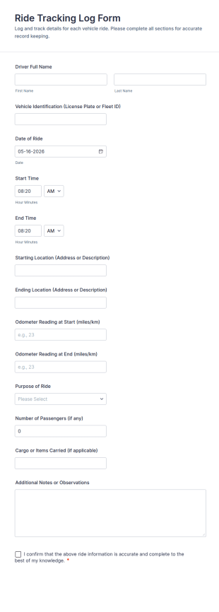 Ride Tracking Log Form Template