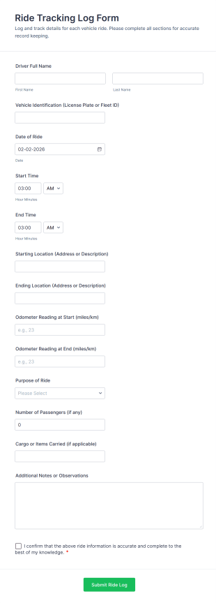 Ride Tracking Log Form Template