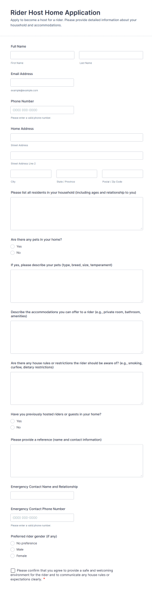 Rider Host Home Application Form Template