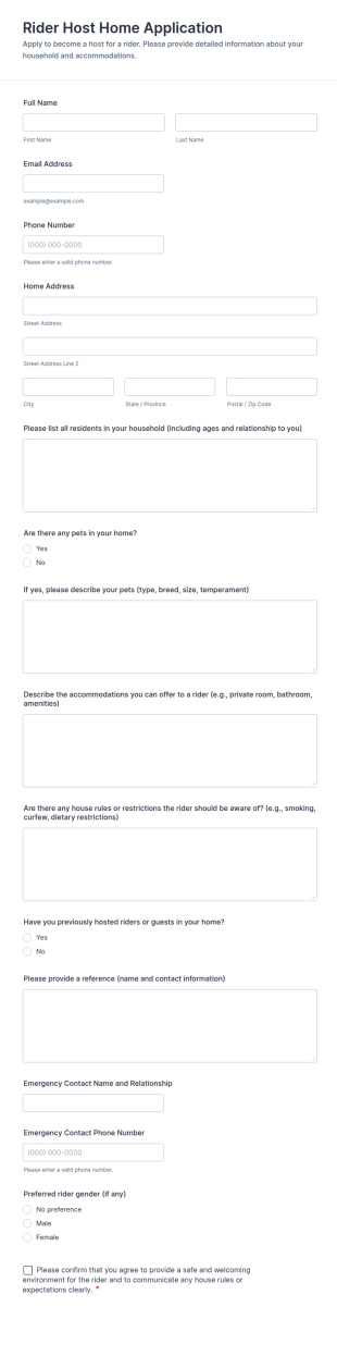 Rider Host Home Application Form Template