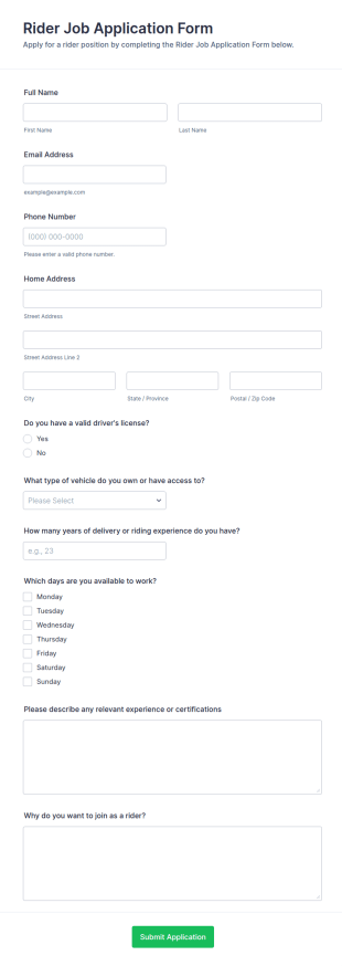 Rider Job Application Form Template