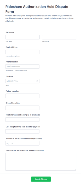 Rideshare Authorization Hold Dispute Form Template