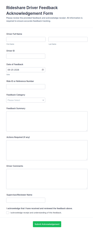 Rideshare Driver Feedback Acknowledgement Form Template