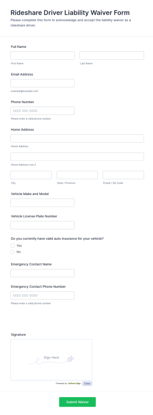 Rideshare Driver Liability Waiver Form Template