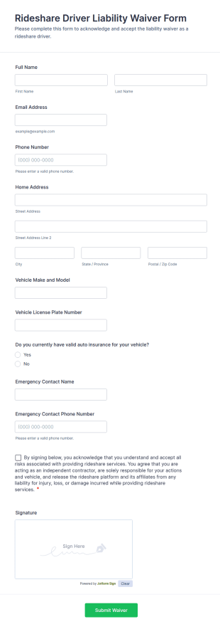 Rideshare Driver Liability Waiver Form Template