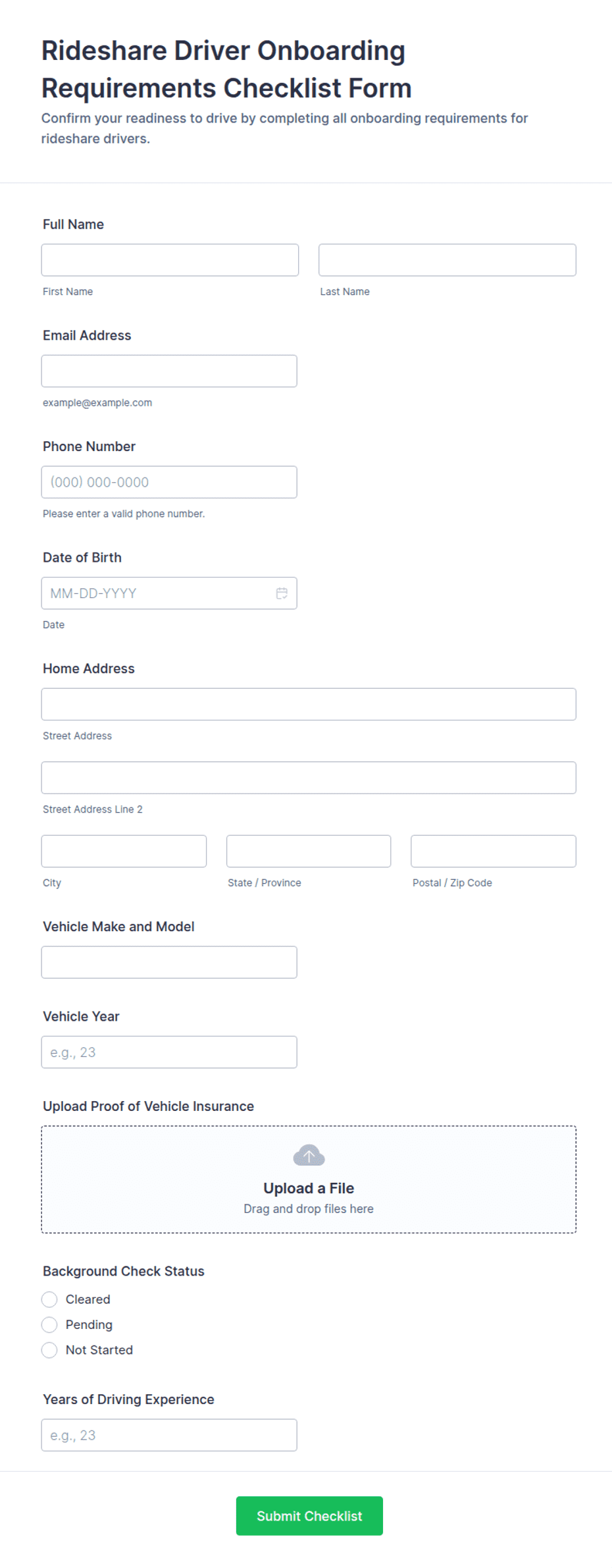 Rideshare Driver Onboarding Requirements Checklist Form Template | Jotform