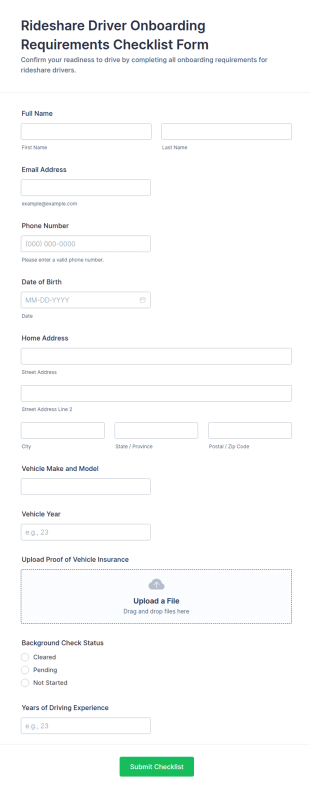 Rideshare Driver Onboarding Requirements Checklist Form Template