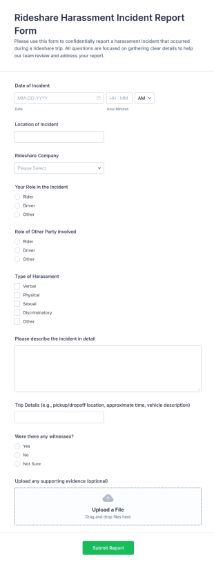 Rideshare Harassment Incident Report Form Template