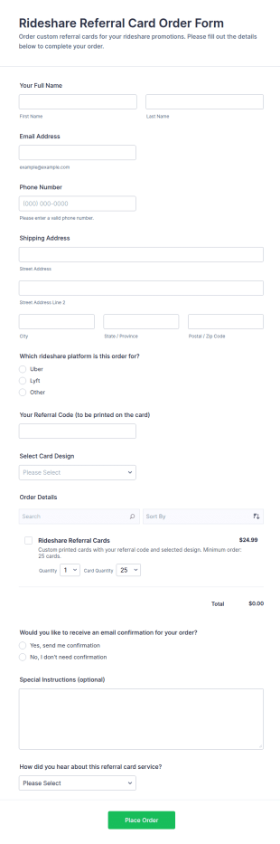 Rideshare Referral Card Order Form Template