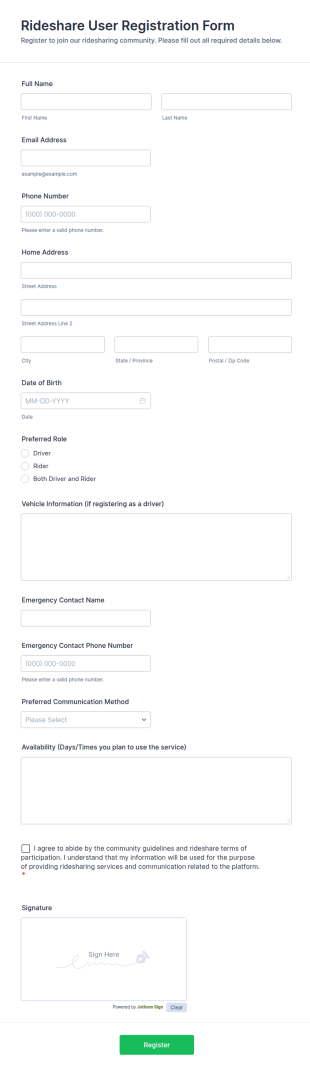 Rideshare User Registration Form Template